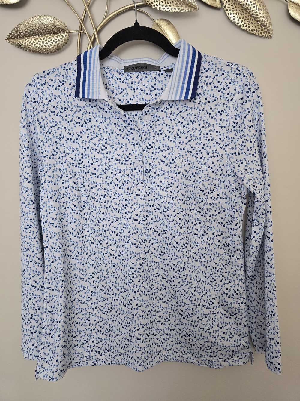 G/FORE White Long-Sleeve Polo with Blue Micro Floral Print and Striped Collar S